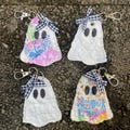 Handmade Halloween Ghost Charm with Bow - Made From Vintage Feed Sack Quilt - Great for Key Rings, Purses, Water Bottles, Bags, & Lanyards