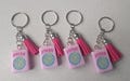 Pink Mahjong Joker Tile Key Chain, Purse Charm, Ornament, Embossed Mahjong Tile with Hot Pink Tassel, Mahjong Gift For Her, Green Accents