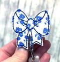 Blue Floral Bow Badge Reel, Flower Bow Badge, Girly Bow Badge, Surgical Nurse Badge, Blue Flowers Print Badge, Paramedic Badge , Coworker