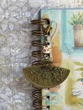 Antique Bronze Asian Fan Clip-On Charm - Generous Size Lobster Clasp, Floral Bead, Filigree Bead Caps and Metal Fan Charm