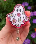 Ghost with Flowers Interchangeable Badge Reel, Floral Ghost Badge Reel, Pink Ghost Badge Reel, Ghost Badge Reel