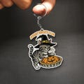Cute Halloween Tabby Cat Keychain with Witch Hat and Pumpkin Pie, Spooky Biscuits Club Keychain Keyring, Halloween Gift for Cat Lovers