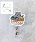 Grey Cat in Yarn Basket Badge Reel: Nurse/Teacher Gift