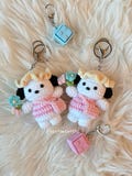 Crochet Sanrio Pochacco Keychain, Handmade Amigurumi Sanrio Dog Plush with Hat and Flowers, Cute Kawaii Bag Charm Gift