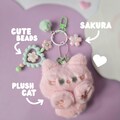 Cute Kawaii Pink Cat Keychain Pink & Green Flowers Sakura Blossom Plush Cat Kitten Floral Keyring Bag Charm
