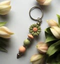 Flower beaded Keyring, silicone beads and daisy focal bead, keyring, keychain, bag charm, bag accessory, birthday, christmas gift