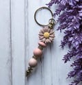 Flower beaded Keyring, silicone beads and daisy focal bead, keyring, keychain, bag charm, beaded keyring, birthday, christmas gift