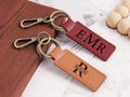Personalized Leather Keychain,Customized Initial Key Fob,Gift for Mens, Custom Engraved Keychain,Genuine Leather Keychain