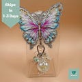 Iridescent Colorful Butterfly Badge Reel with Glitter Wings Sparkly Retractable Name Tag Clip Cute Pastel Work ID Holder Office Teacher Gift