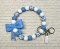 Large Blue Bow Silicone Beaded Wristlet Keyring - XL Coquette Bow, Preppy, Floral + Matching Pen Option