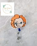 Scary Red Hair Doll Badge Reel, Halloween Badge Reel, Nurse Badge Reel, Nurse Gift, Teacher Lanyard, Teacher gift, Lightweight Badge Reel