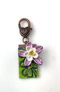 Columbine/Colorado/Wildflower/Purple/Green Handcrafted Imprinted Clay, Red Copper Colored Findings, Lobster Clasp, Purse/Bag, Backpack Charm