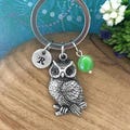 Owl Keychain, Owl Charm, Personalised Initial Charm (Included), Natural Gemstone Charm, Owl Keyring,  Lucky Owl Keychain, Kids Keychain