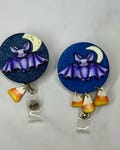 Halloween themed badge reel purple bat and candy corn