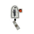 Sparkly Ghost with Cat Badge Reel, Retractable Ghoul with Coffee Badge Holder, Glitter Halloween Badge Clip, Autumn Badge Pull for Work ID