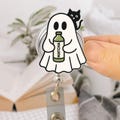 Ghost Matcha Badge Reel, Cute Black Cat Nurse ID Holder, Halloween Retractable Clip, Matcha Lover Medical Badge Reel Gift, Nurse Gift