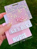 Acrylic Badge Buddy, Personalized Badge Holder, Gift for Nurse, RN, Doctor, Technician, glitter badge buddy, RN, Pale pink collection